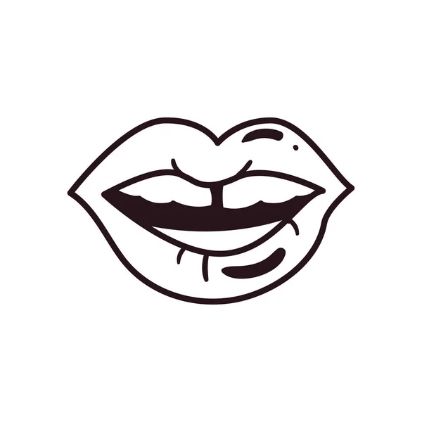 Pop art γυναικείο στόμα δείχνει δόντια γραμμή στυλ εικονίδιο διάνυσμα σχεδιασμό — Διανυσματικό Αρχείο