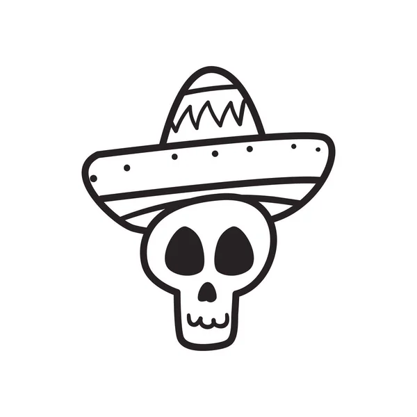 Jour mexicain des morts tête de crâne avec chapeau forme libre style ligne icône conception vectorielle — Image vectorielle