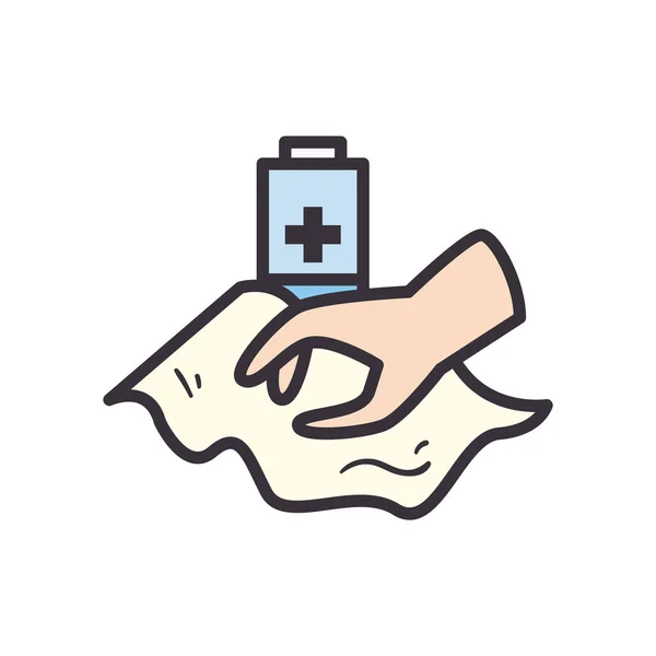 Hand met weefsel en batterij lijn en vul stijl pictogram vector ontwerp — Stockvector