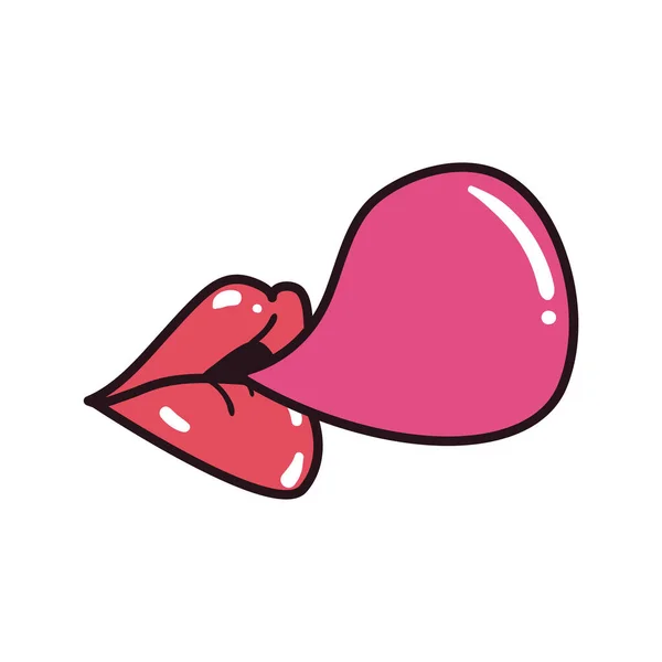 Pop konst kvinnlig mun med bubbla tuggummi linje och fylla stil ikon vektor design — Stock vektor