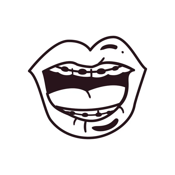 Pop art female mouth with brackets line style icon vector design — 스톡 벡터