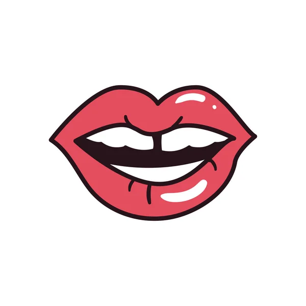 Pop arte boca feminina mostrando linha de dentes e preencher estilo ícone vetor design — Vetor de Stock