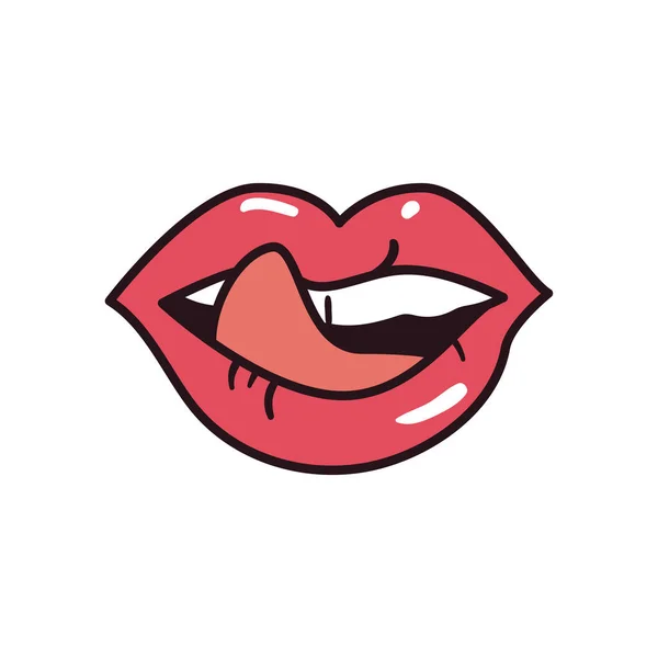 Pop art boca femenina que muestra la línea de la lengua y el estilo de relleno icono de diseño vectorial — Archivo Imágenes Vectoriales