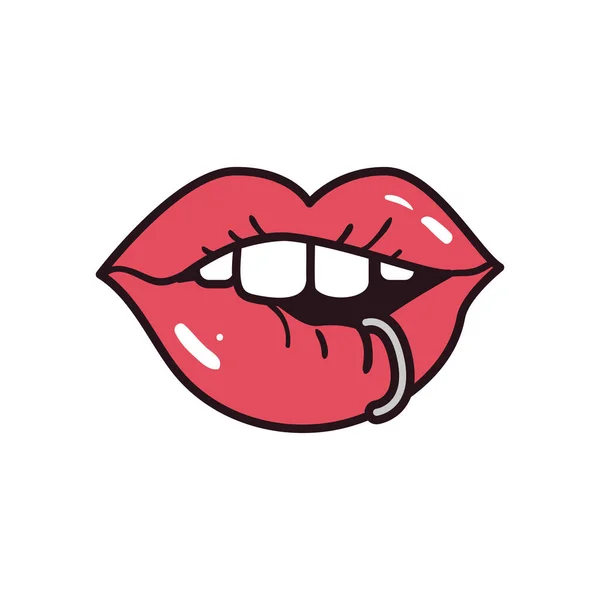 Pop art bocca femminile con piercing linea e riempire stile icona vettoriale design — Vettoriale Stock