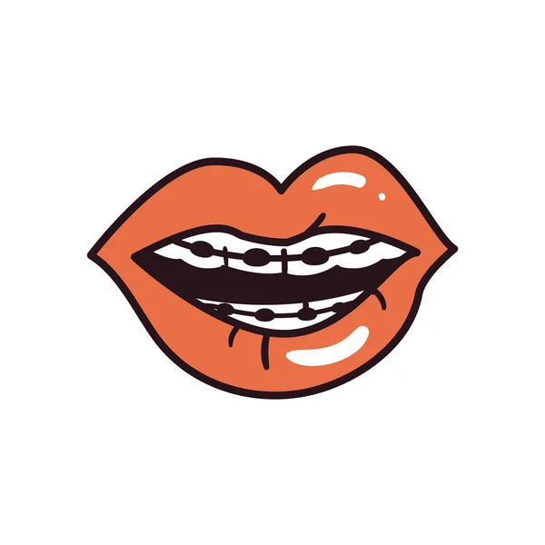 Pop art female mouth with brackets line and fill style icon vector design — Stock Vector