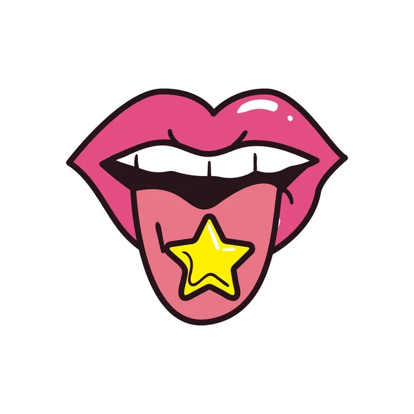 Pop art female mouth with star line and fill style icon vector design — Stock Vector