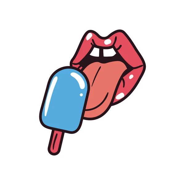 Pop art mulut perempuan dengan baris es krim dan desain vektor ikon gaya pengisian - Stok Vektor