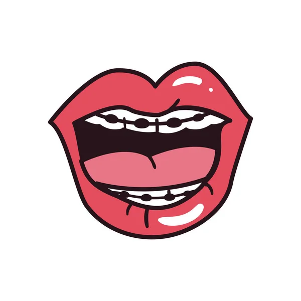 Pop art female mouth with brackets line and fill style icon vector design — Stock Vector