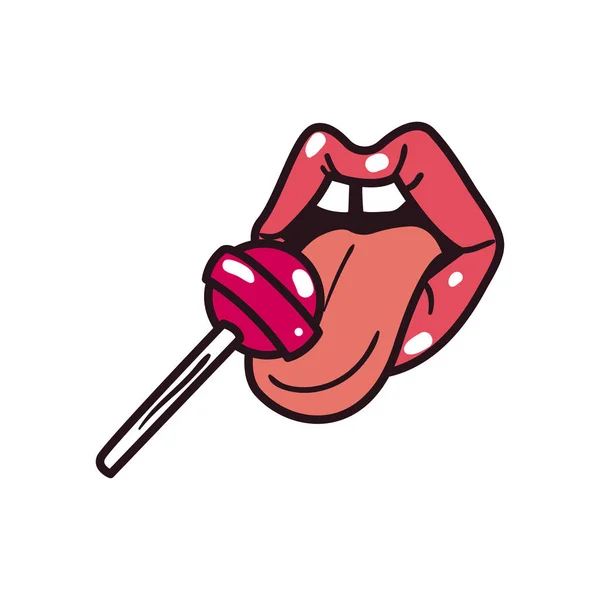 Pop konst kvinnlig mun med godis linje och fylla stil ikon vektor design — Stock vektor