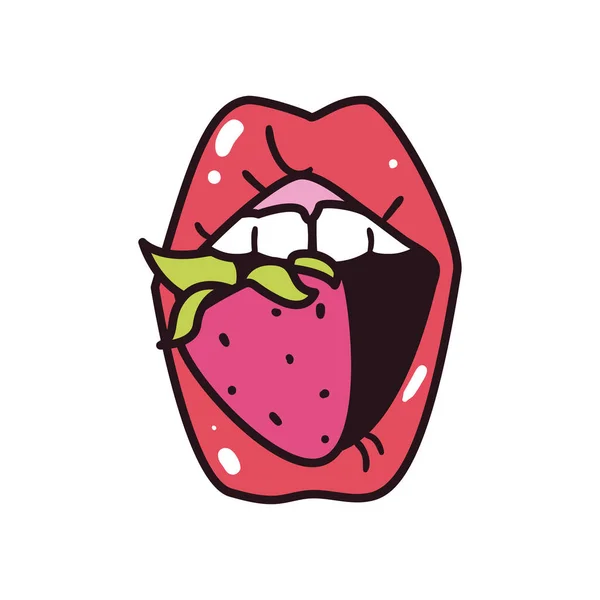 Pop konst kvinnlig mun med jordgubbslinje och fyll stil ikon vektor design — Stock vektor