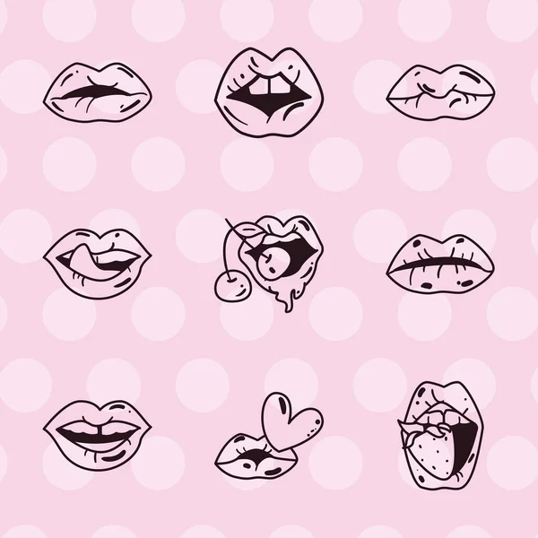 Pop art female mouth line style icon set vector design — Stock Vector