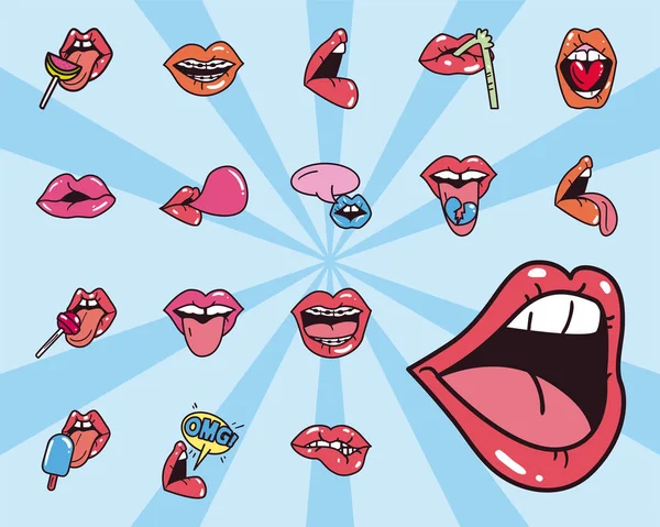 Pop art linha de boca feminina e símbolos de estilo de preenchimento definir design vetorial —  Vetores de Stock