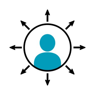 Piktogramcı adam etrafta oklar var, yarı çizgi yarı renk.