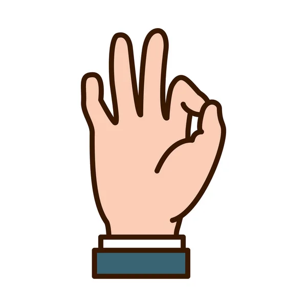 Mano gesto che mostra Ok espressione sul linguaggio dei segni, linea e riempire lo stile — Vettoriale Stock