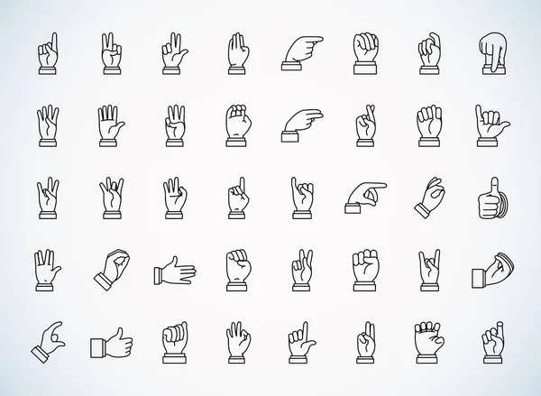 Manos lenguaje de señas conjunto de iconos, estilo de línea — Vector de stock
