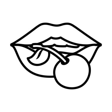 Pop sanat tasarımı, seksi kadın dudakları kiraz ısırıyor, çizgi tarzı.