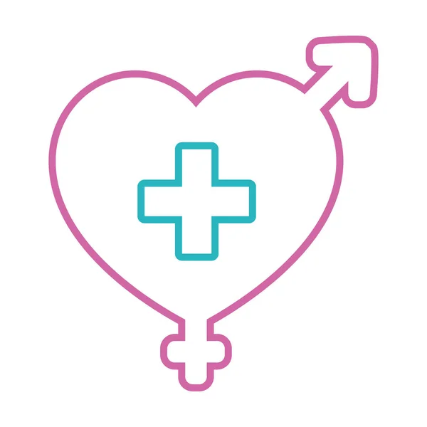 Concepto de salud sexual, Símbolo de género femenino y masculino en forma de corazón con icono de cruz médica, estilo de línea — Vector de stock