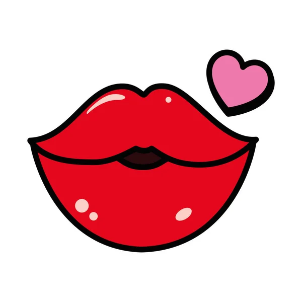 ポップアートのコンセプト、セクシーな女性の唇と心のアイコン、ラインと記入スタイル — ストックベクタ