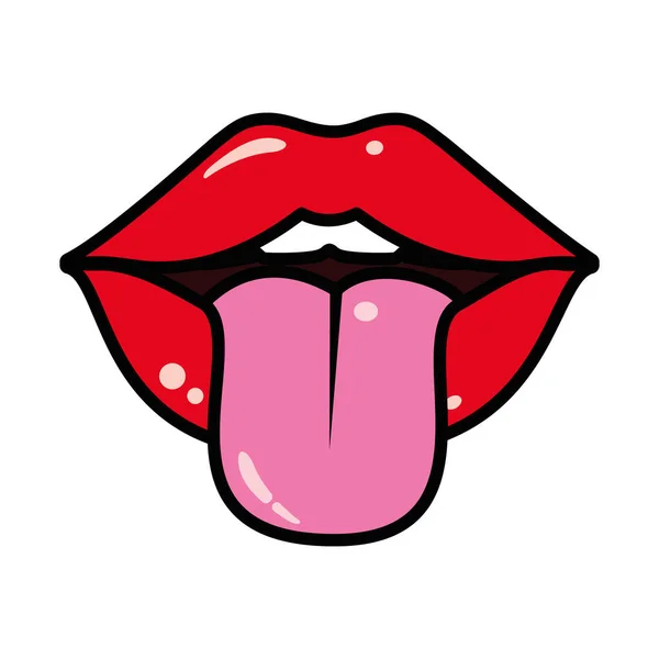 Conceito de arte pop, boca feminina mostrando a língua, linha e estilo de preenchimento — Vetor de Stock