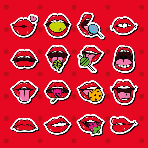Pop art lippen met snoepjes icoon set, lijn en vul stijl — Stockvector