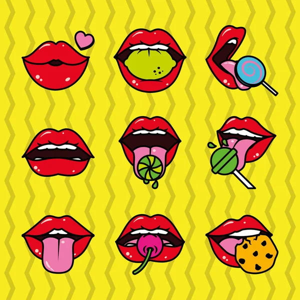 Pop art lèvres et bouche icône ensemble, ligne et style de remplissage — Image vectorielle
