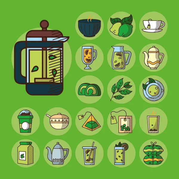 Limões e conjunto de ícones de chá, estilo desenho à mão — Vetor de Stock