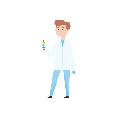 Karikatür doktoru elinde aşı tutuyor. Renkli bir tasarım.