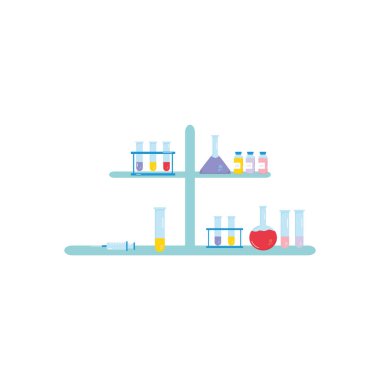 şişeli raflar ve şırıngalar, renkli tasarım.