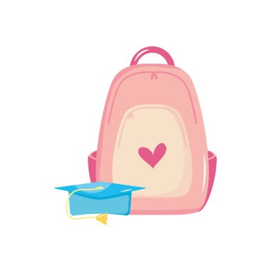 mezuniyet şapkası ve okul sırt çantası simgesi, düz stil