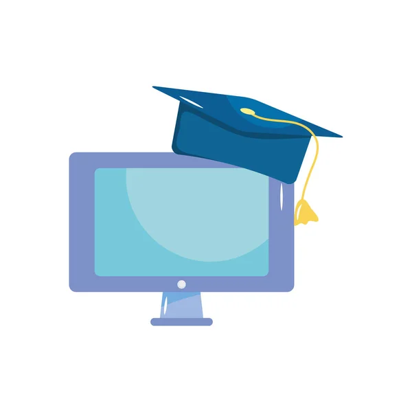 Bilgisayar ve mezuniyet başlığı simgesi, düz stil — Stok Vektör