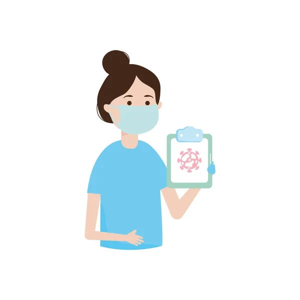 Врач-мультипликатор женщина держит планшет с иконой коронавируса, красочный дизайн — стоковый вектор