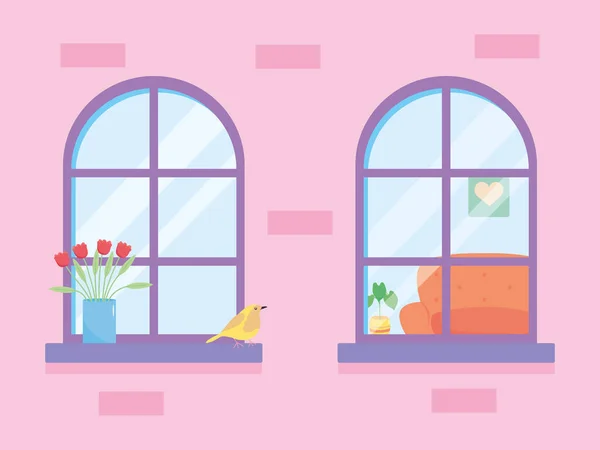 식물과 새가 있는 집 창문, 화려 한 디자인 — 스톡 벡터