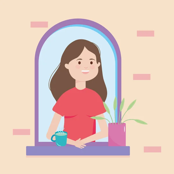 Γελοιογραφία γυναίκα με μια κούπα καφέ στο παράθυρο, πολύχρωμο σχεδιασμό — Διανυσματικό Αρχείο