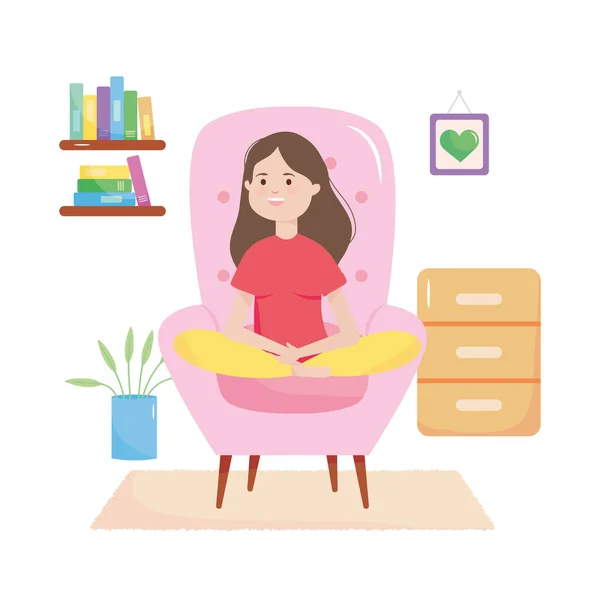 Γελοιογραφία γυναίκα κάθεται σε ροζ πολυθρόνα στο σαλόνι, πολύχρωμο σχεδιασμό — Διανυσματικό Αρχείο