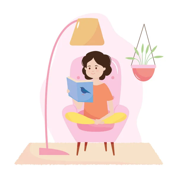 Pobyt bezpieczny koncepcja, dziewczyna z kreskówek siedzi czytając książkę, kolorowy design — Wektor stockowy