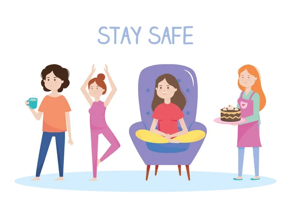 Blijf veilig concept, gelukkige vrouwen die een koffiemok vasthouden, yoga doen en een taart vasthouden, kleurrijk ontwerp — Stockvector