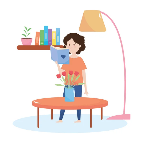 Καραντίνα έννοια, κορίτσι κινουμένων σχεδίων ανάγνωση ενός βιβλίου στο σπίτι, πολύχρωμο σχεδιασμό — Διανυσματικό Αρχείο