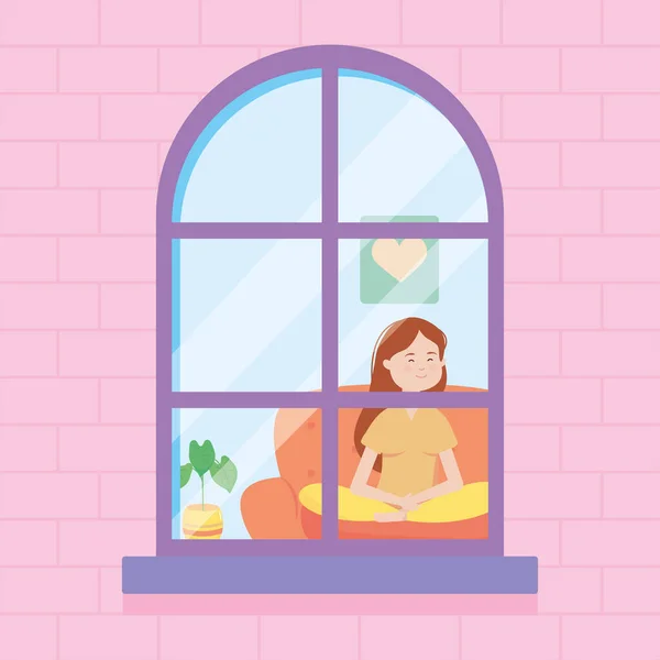 Παράθυρο του σπιτιού δείχνει ένα καρτούν ευτυχισμένη γυναίκα κάθεται στον καναπέ, πολύχρωμο σχεδιασμό — Διανυσματικό Αρχείο
