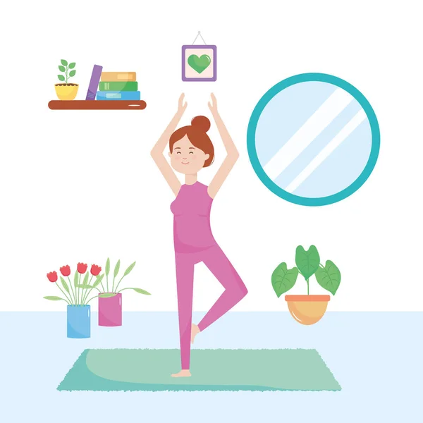 Concetto di quarantena, ragazza dei cartoni animati che fa yoga in casa, design colorato — Vettoriale Stock