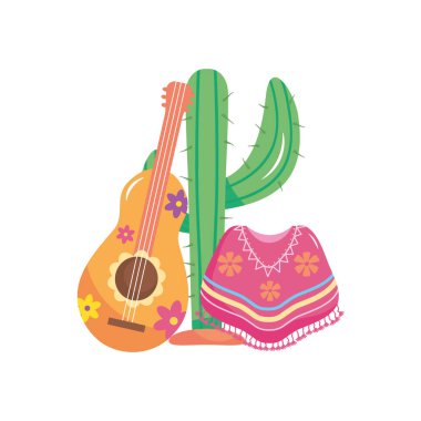 Çiçekli gitarlı kaktüs ve Meksika pançosu, düz stil.