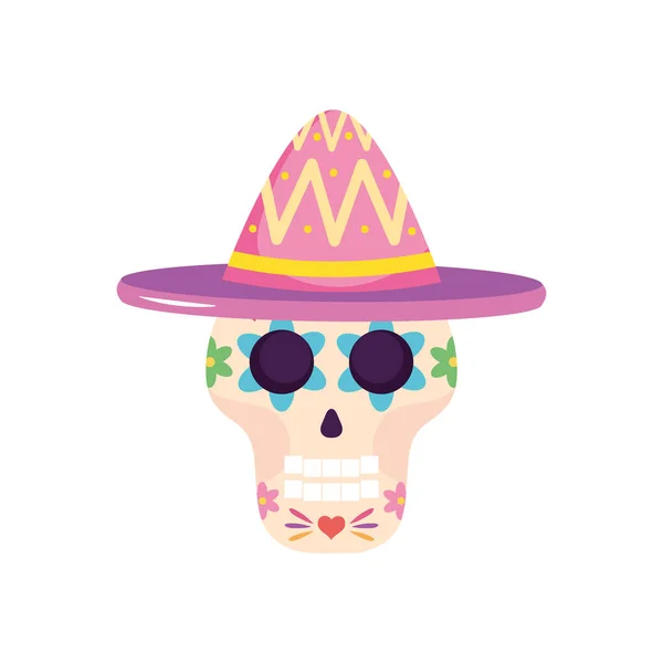 メキシコの帽子に砂糖の頭蓋骨のアイコンフラットスタイル — ストックベクタ