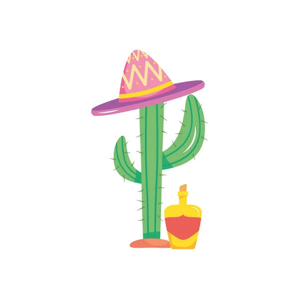 Cactus con sombrero mexicano y botella de tequila, estilo plano — Archivo Imágenes Vectoriales