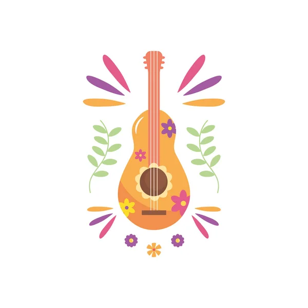 Гитара с цветочным дизайном и декоративными орнаментами вокруг, плоский стиль — стоковый вектор