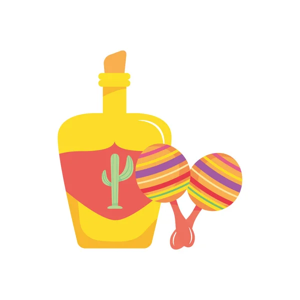 Мексиканская бутылка текилы и икона маракаса, плоский стиль — стоковый вектор
