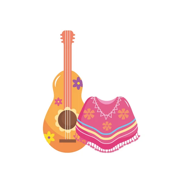 Mexican poncho and floral guitar, flat style — Stock Vector