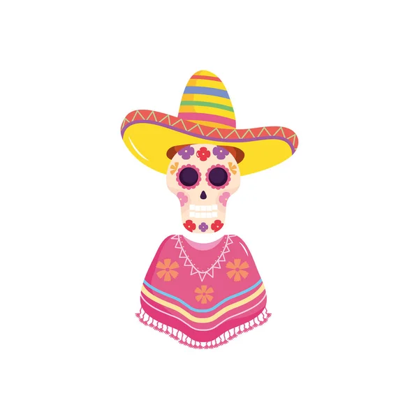 Crâne de sucre avec poncho et chapeau mexicain, style plat — Image vectorielle