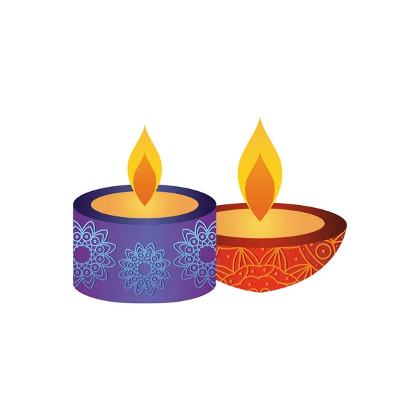 Diwali diya e ícone de vela roxa, estilo plano — Vetor de Stock