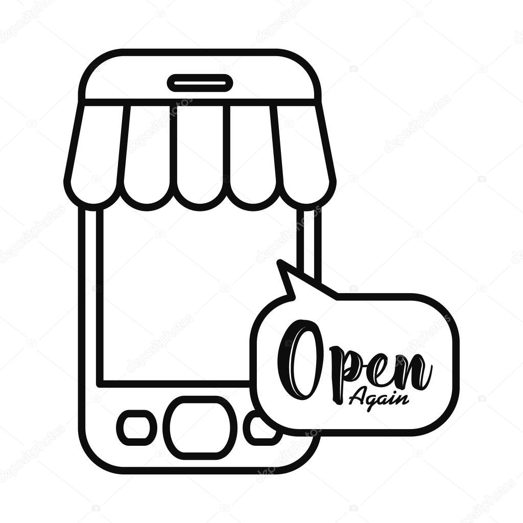smartphone with store tent and speech bubble with open again lettering design, line style