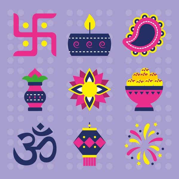 Icône ensemble de symbole ohm et diwali, style plat — Image vectorielle