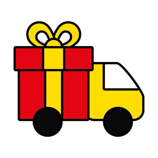 Cargo truck with gift box icon, line and fill style — Stock Vector